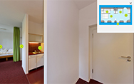 Preview virtual tours through the double room apartments for guests in the hall of residence F